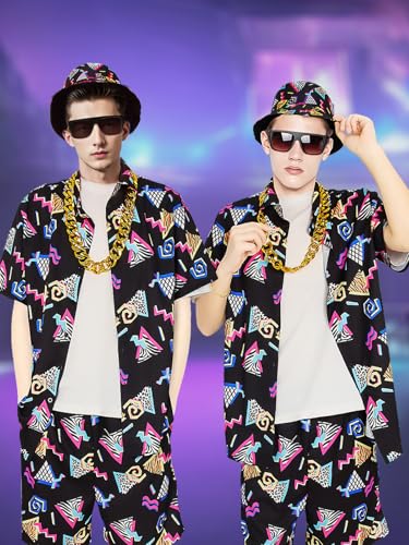 80s 90s Outfit for Men, Retro Hawaiian Shirts and Shorts Set,Hip Hop Sportswear 7Pcsfor Disco Party4