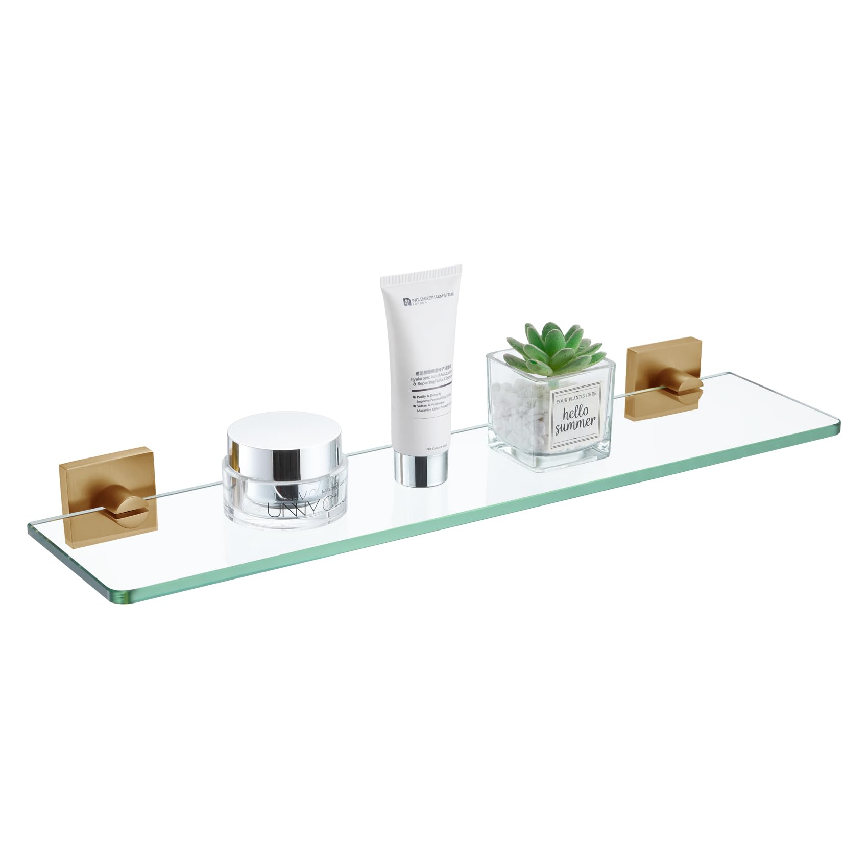KOKOSIRI Tempered Glass Shelf 20-Inch Floating Wall Shelves for Bathroom Kitchen Shower Storage Decor Rack, Champagne Bronze Stainless Steel B1107CPG-L20