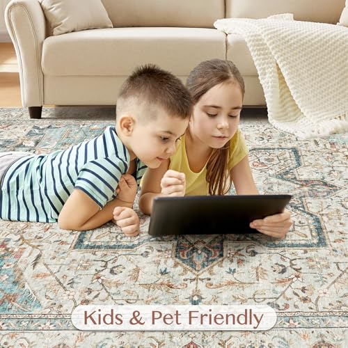 Tortania Area Rug Living Room Rugs - 8x10 Washable Boho Rug Vintage Oriental Distressed Farmhouse Large Thin Indoor Carpet for Living Room Bedroom Under Dining Table Home Office - Aqua Multi