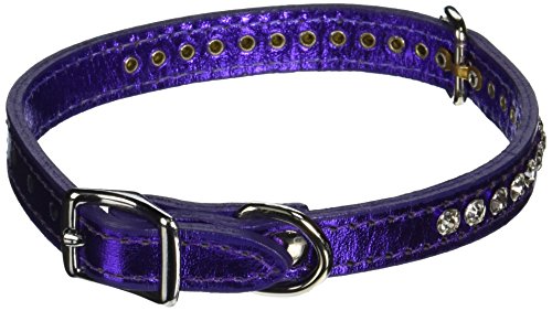 Image of Signature Leather Crystal Dog Collar, Metallic Purple Solid Grain Leather, Fits 9.5 inch-11.5 inch Neck Size, 14 inch Overall Length