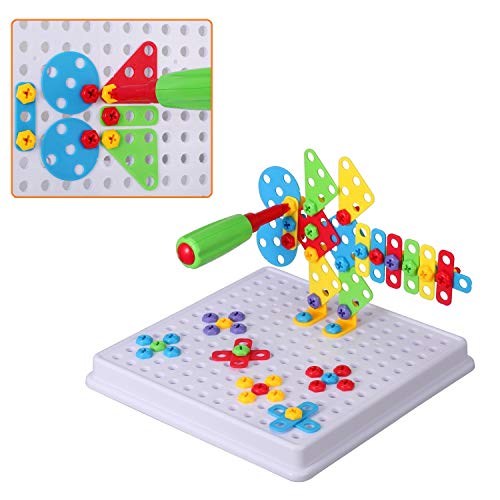 Creative Mosaic Drill Set, Drilling Toy with Screwdriver Tool, Trendy Bits Drill for Kids STEM Engineering Toys Puzzle, Toddler Drill Set Mosaic Design Building Blocks for 3 4 5 6 7 8 Year Olds