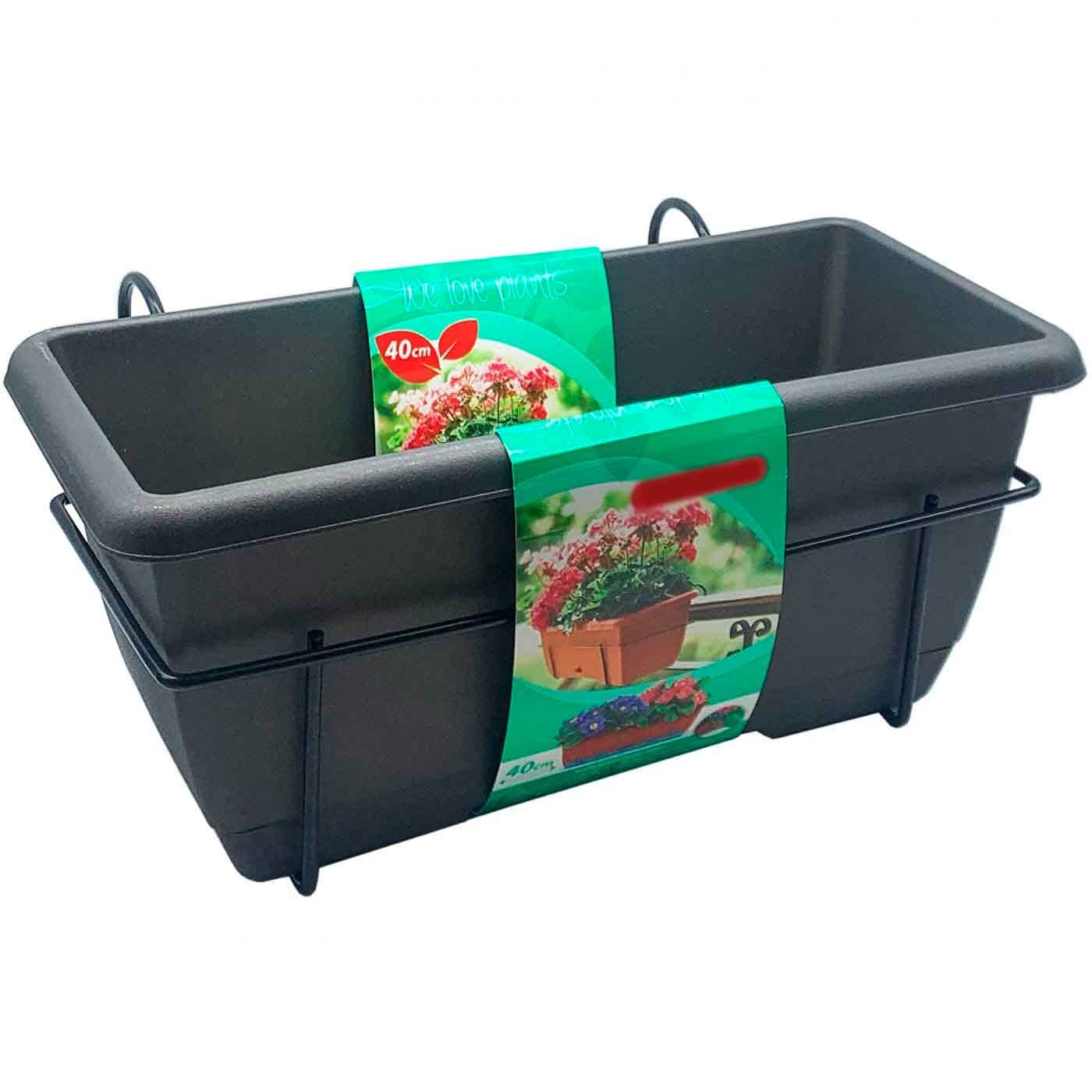 Acan Tradineur - Jardinera para balcón con Plato y Soporte metálico - PLFT - 40 x 19,5 x 17 cm - Macetero de plástico para Colgar, 8L con Plato Integrado para Agua (Gris Antracita)