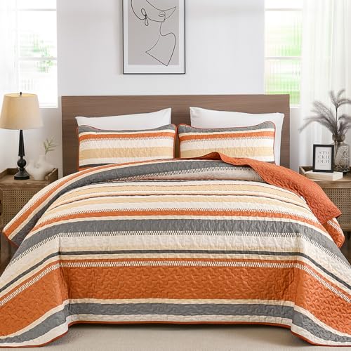 WONGS BEDDING Fall King Quilt Bedding Set, Orange Striped Bedspread by WONGS BEDDING - Used condition - Image 2