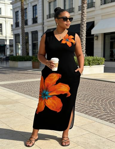 Image of UOUA Women Summer Maxi Dresses Plus Size Casual Hawaiian Sundress Sleeveless Loose Split Beach Dress with Pockets