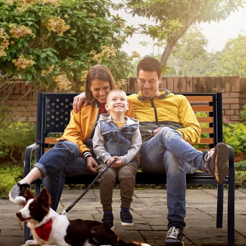 Attliahome 50\" Outdoor Garden Bench, Cast Iron Metal Frame Patio and Porch Welcome Benches with American Flag Backrest and Weatherproof Seat, Park Decorative Memorial Bench (Black & Woodgrain Colors) - Thumbnail 2