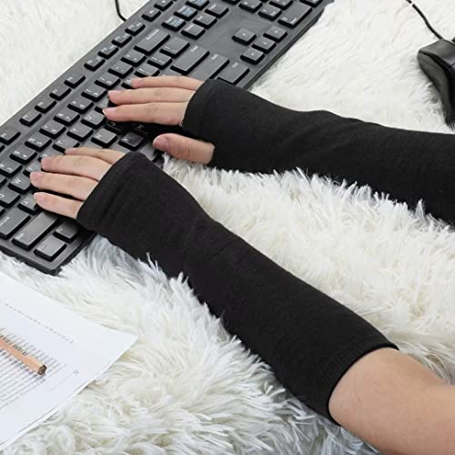 Image of Women's Long Knitted Fingerless Gloves Thumbhole Stretch Arm Warmers | Stretchy soft knitted arm warmers for women, comfortable thumbhole design, ideal daily winter hand sleeve accessories