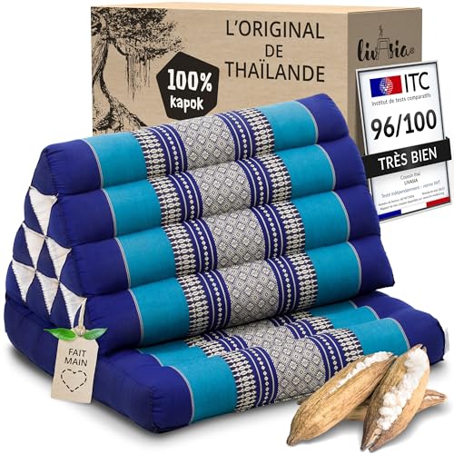 livasia Coussins thaï à 1 Bloc - 75x50x8cm - Coussin Triangulaire avec Coussin d’Assise, Coussin en biseau en kapok, Coussin de Soutien Dorsal Pliable,...