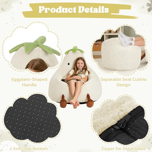 Image of 24 Inches Memory Foam Bean Bag Chair - Ultra Soft Faux Rabbit Fur Round Sofa with Handle & Machine Washable Cover, Eggplant-Shaped Kids Reading Chair for Bedroom, Living Room and Playroom, Beige