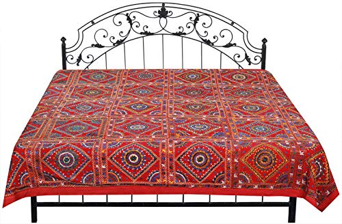 Exotic India Bedcover from Jaipur with Embroidered Motifs and Mirrors - Pure Cotton - Color Mars Red Color
