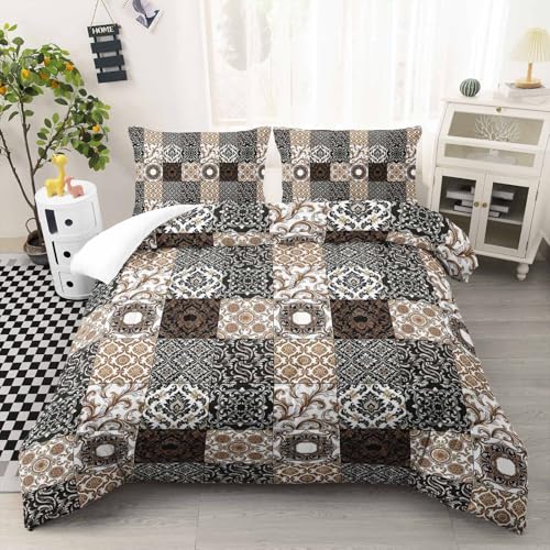 Image of AILONEN Brown Black Patchwork Comforter Set Full Size, Vintage Geometric Boho Bedding with 2 Pillowcases, Soft Microfiber