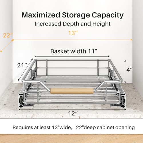 Image of Pull out Cabinet Organizer, 12 inchW X 21 inchD, Heavy Duty Smooth Sliding Under Cabinet Shelves for Pots and Pans, Full-Extension Roll out Drawers, Slide out Organization for Home Kitchen Pantry