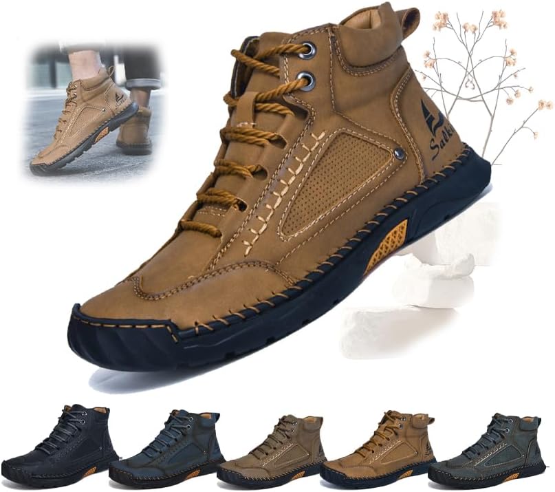 Men's Comfortable Handmade Leather Boots, Fashionable Comfortable Non Slip Arch Support Outdoor Walking Shoes