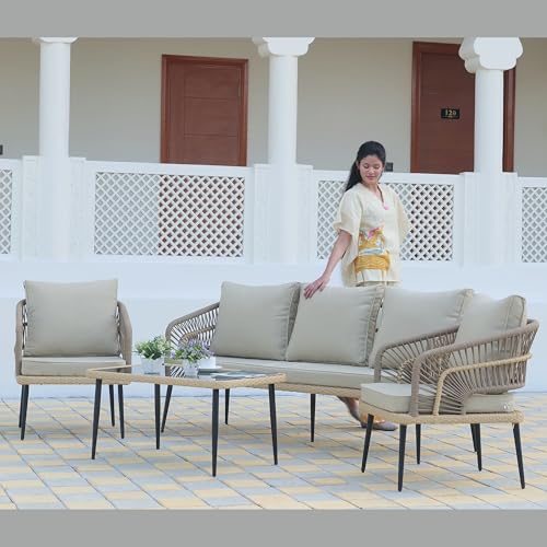 Image of LOCCUS 5-Seater Outdoor Rope Sofa Set - All-Weather Patio Conversation Furniture with Waterproof Cushions & Powder-Coated Frame, Garden & Balcony Seating for Terrace, Lawn, Backyard (Beige)