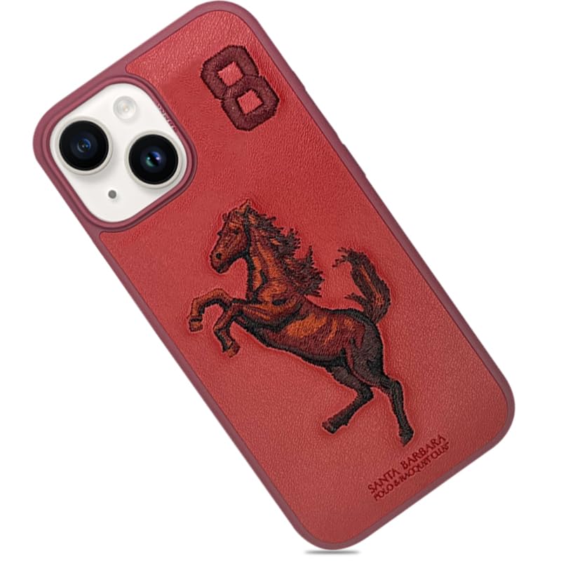 Image of Santa Barbara Embroidered Horse Series Leather Red Back Case Compatible with iPhone 15 Series (iPhone 15)