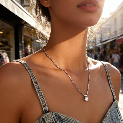 Boho Hochzeit Zierliche Kette Strass Minimalistische Halskett Funkelnde Kristall Solitär Silber Dünne Choker Runde Punkt Kleine Cz Anhänger Zirkonia Boxkette Schlicht Zart Niedliche Frauen Mädchen