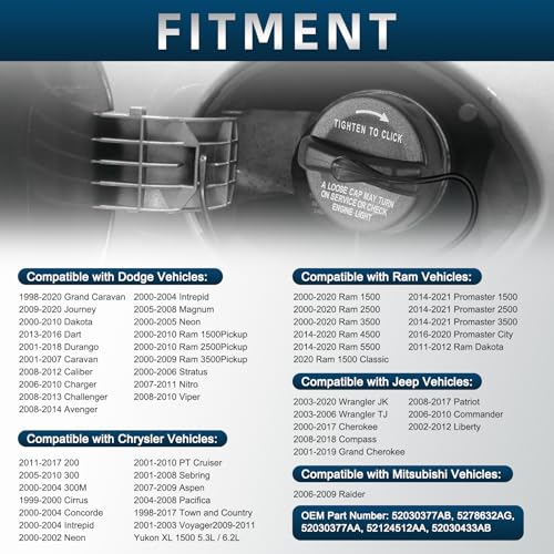 Fuel Tank Cap Gas Cap Compatible with 2000-2019 Dodge Ram 1500 2500 3500 Charger Challenger Dart Jeep Wrangler JK Durango Journey Nitro Grand Caravan Caliber Dakota Replace# 52030377AB - Image 3