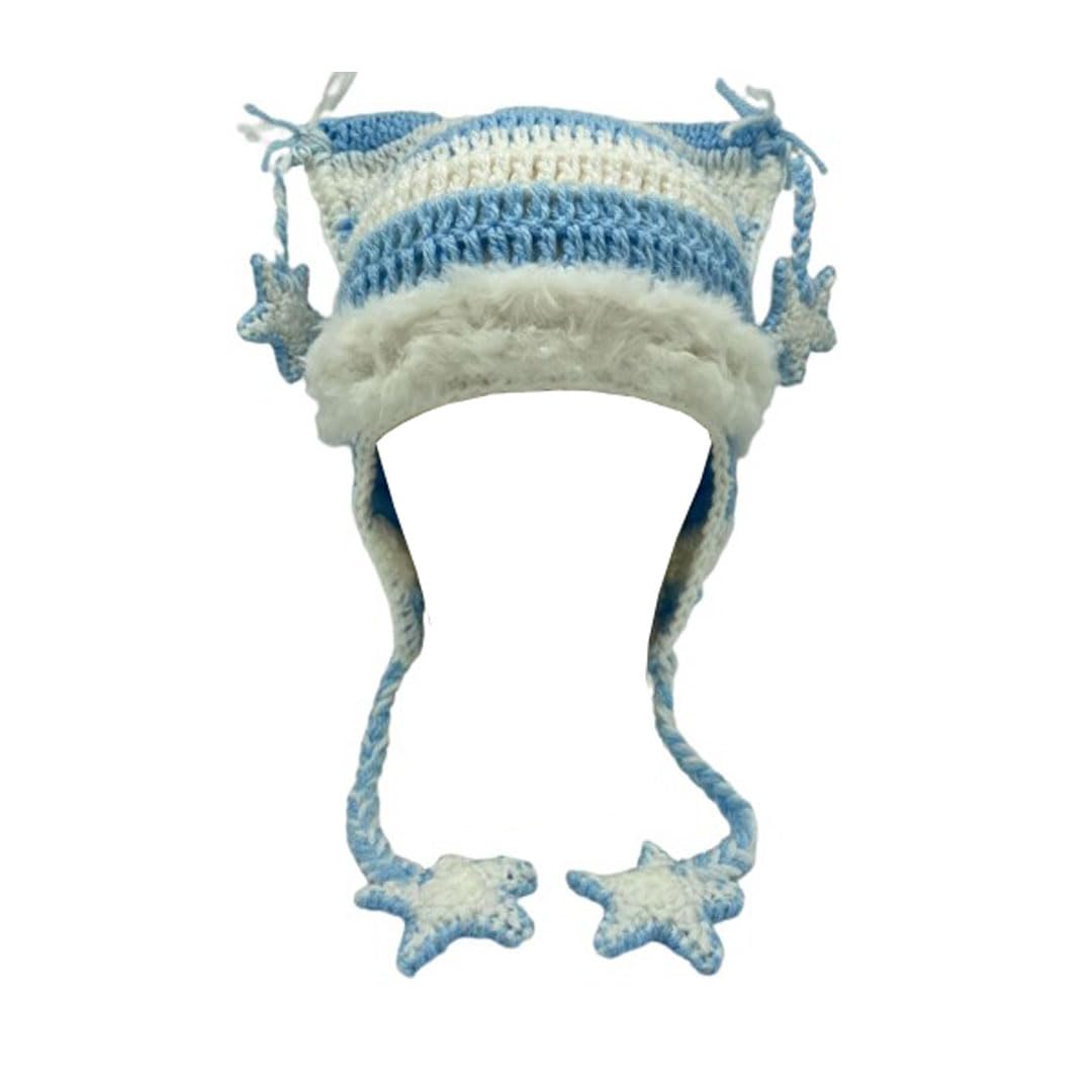 Cat Beanie Beanies Y2k Beanie Knit Hat Grunge Goth y2k Accessories Crochet Hats for Women, Blue White, Medium