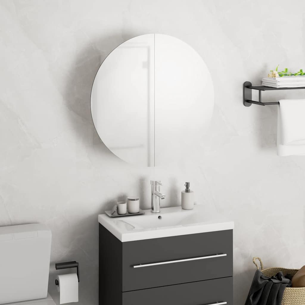 Wall Mounted Bathroom Cabinet, White Engineered Wood, Round Mirror, LED Light, 15.7x15.7x15.7 in, Modern Storage for Small Spaces