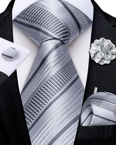 Image of DiBanGu Mens Zipper Tie Silk Pre-Tied Necktie with Gift Box | Jacquard Woven,Paisley Solid Plaid Pattern,6PCS with Pocket Square,Cufflinks and Lapel Pin,for Wedding Party Formal Business