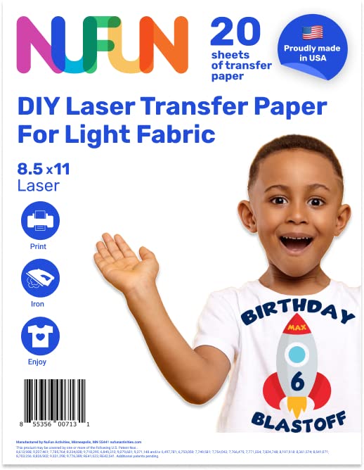 NuFun Activities LASER Printable Iron-on Heat Transfer Paper for Light Fabrics, 20 sheets 8.5 x 11 inch, Made In the USA