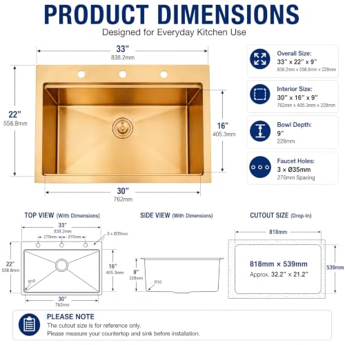 Image of LQS Gold Kitchen Sink 33x22, Gold Drop In Kitchen Sink with 3 Holes, 33 Inch Large Top Mount Stainless Steel Handmade Sturdy 16 Gauge T304 with Abundant Accessories, R10 Round Corner