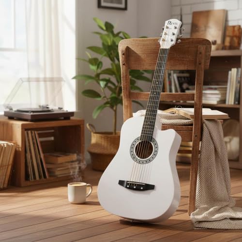 Image of Revel 38 Inch Acoustic Guitar Cutaway Wooden Guitar with High-Gloss Finish, Steel Strings, Smooth Tuning Pegs, Includes Carry Bag, Picks & Sting winder Guitar for Adults. (WHITE)