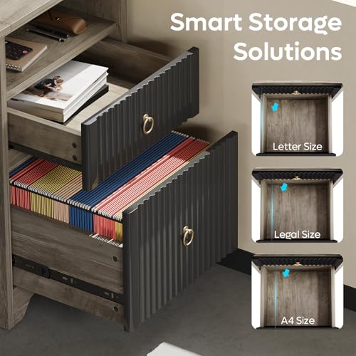 Image of Bestier 55Inch Modern Fluted Desk with Drawers & Keyboard Tray, Grey | 55 X 22 In Work Surface, File Drawer, Reversible Pedestal, Fluted Panels And Keyboard Tray For Home Office Storage.