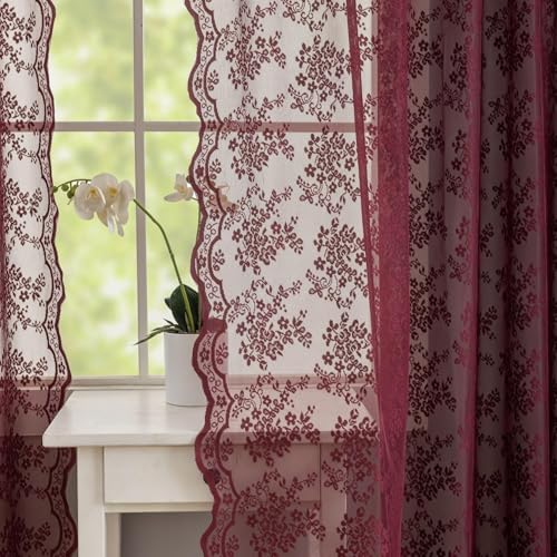 YJ YANJUN Rideaux en filet bordeaux 54 Drop Paire Shabby Chic Rideaux transparents en dentelle florale pour chambre cuisine fenêtre courte bords festonnés...