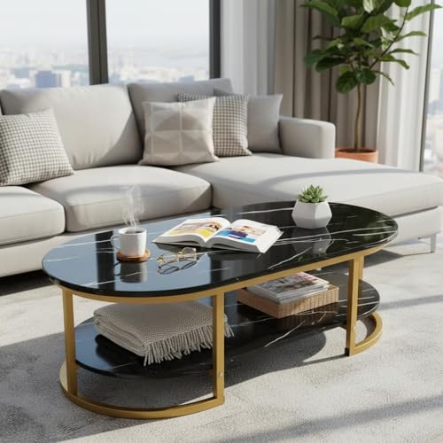 Image of Shoppee Modern 2-Tier Center Table with Engineered Wooden Top & Gold Metal Frame, Cocktail Sofa Table Living Room, Elegant Coffee Table - for Home, Office, Dining (Black & Gold)
