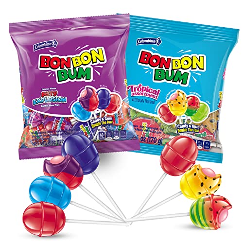Colombina Bon Bon Bum Lollipops with Bubble Gum Center – Assorted Berry and Tropical Splash Flavors, 2 Packs of Individually Wrapped Suckers, Perfect Holiday Candies and Pantry Staples for Everyday Snacking, 6 oz bag (20 count) – 10 units each flavor
