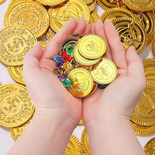100 Stück Piratenschatz,50 Stück Edelsteine für Kinder,Piraten Deko Kindergeburtstag,50 Stück Goldmünzen,Schatzkiste Schatztruhe Mini Gold,Mitgebsel Goldtaler Pirat,Schatz Schatzsuche Kleine Party