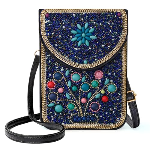 Image of Small Beaded Crossbody Bag for Women, Boho Cell Phone Shoulder Purse Wallet with Handcrafted Colorful Beads