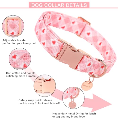 Image of Valentine's Dog Collar, Pink Heart, Adjustable Size, Premium Cotton, Metal Buckle, L