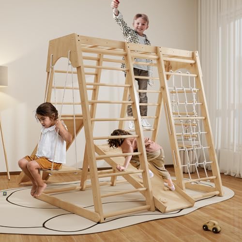 Image of Indoor Jungle Gym for Toddlers, 8-in-1 Wooden Montessori Climbing Toys with Slide, Swing, Rock Wall, Rope Ladder, Monkey Bars - Indoor Playground for Kids Ages 1-8