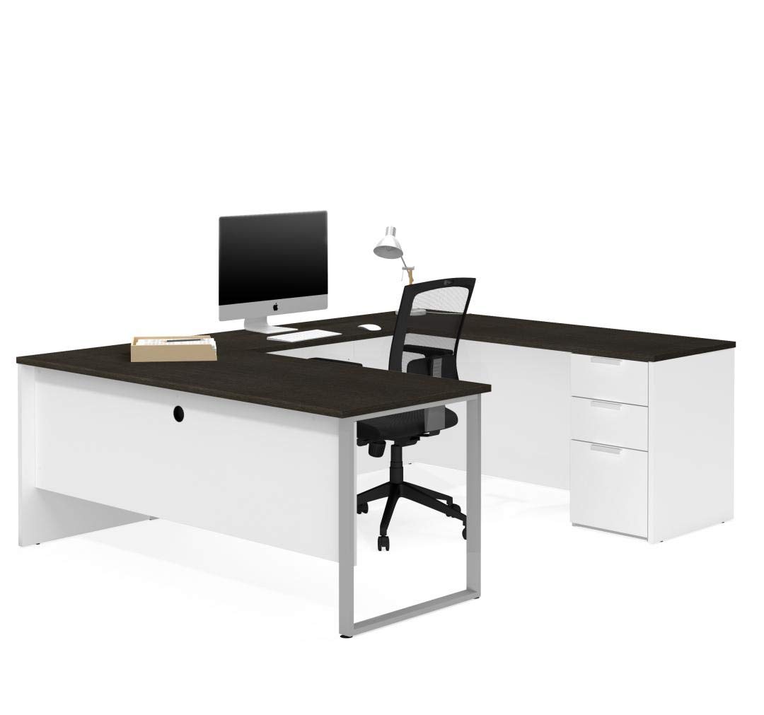 Bestar Pro-Concept Plus U-Shaped Executive Desk with Pedestal, White & Deep Grey