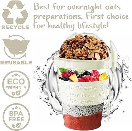 VL 2 vasi per yogurt riutilizzabili da 500 ml con cucchiaio e forchetta senza BPA per la colazione a GO Muesli Cereal On the Go Lavabile in lavastoviglie, set di 2 barattoli