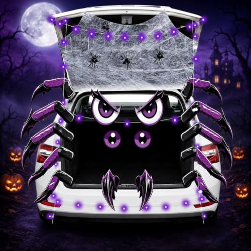 Halloween Trunk Or Treat Car Decorations Kit with Spider Web and LED Light DROPS TO - image 1