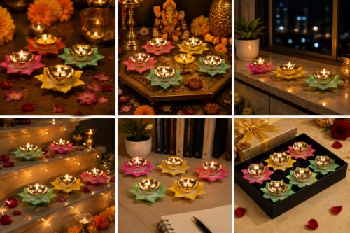 Image of Klassic Lotus Shaped Diya for Puja (6 Diyas 3inch Multicolor Petals) for Home Decor, for Pooja, Housewarming, Temple, Festivals & Diwali Gifting ( Pack of 6 Pcs, Multicolour )