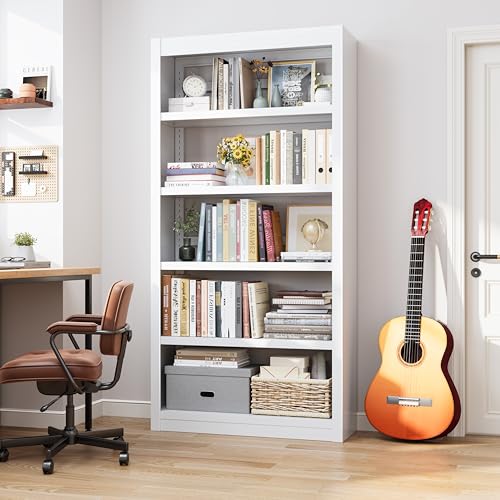 Image of Metal Bookshelf, 69 inch Tall Heavy Duty Adjustable Bookcase, White | 5-Tier Industrial Shelves, Large Open Display Shelf, Easy Assembly, For Living Room, Home Office, Study