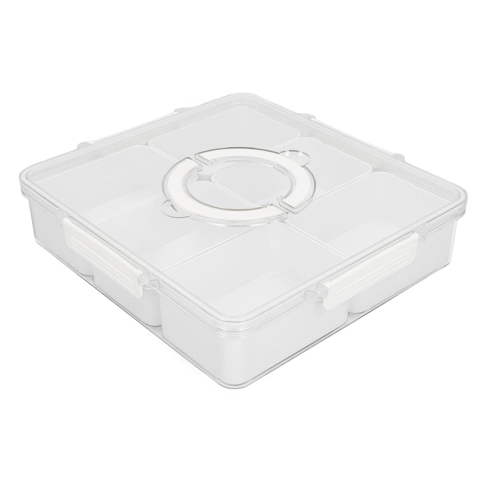 Caja Organizadora de Snackles Portátil para Cocina con 6 Rejillas y Tapa Sellada Ideal para Almacenar Frutas y Dulces 34x32x7.5cm (Blanco)