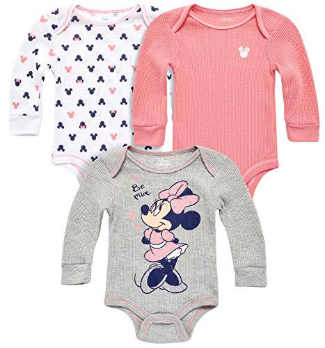 Disney Baby Girls' Minnie Mouse 3 Pack Romper - Long Sleeve Thermal Onesie Bodysuit Pajamas (Newborn), White/Light Grey/Light Pink, Size 6-9M