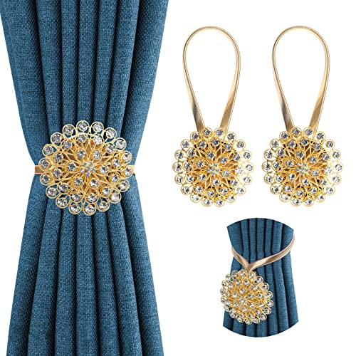 MYDAYTIN Crystal Decor Curtain Tiebacks, 2 Pack Magnetic Tieback, Crystal Flower Curtain Tiebacks with High Stretchy Wire Rope, Flower Curtain Buckle for Home, Office, Decoration (Yellow & White)