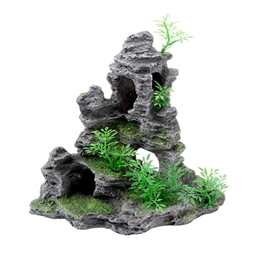 Aquarium Mountain View Stone Ornament, Artificial Mountain Hill View Stone Rock Cave Aquarium Decorations Fish Tank Decor for Betta Cichlids Hideaway Cave, Hermit Crab Hideout – Large