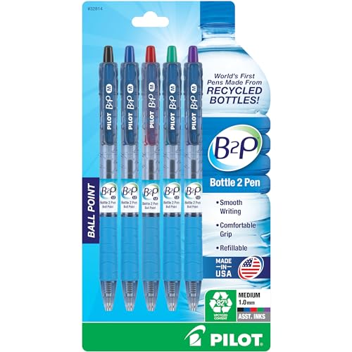 PILOT B2P - Bottle to Pen Refillable & Retractable Ball Point Pen Made From Recycled Bottles, Medium Point, Black/Blue/Red/Green/Purple Inks, 5-Pack (32814)