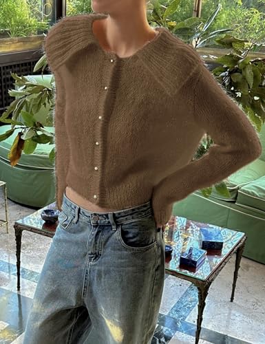 Watashi Women Long Sleeve Sweater Casual Ruffle Collar Knit Cardigan Button Up Fluffy Fall Sweaters Top3