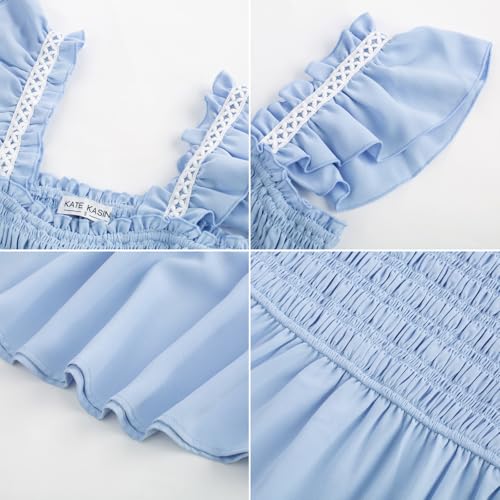 Image of Kate Kasin Womens 2025 Summer Casual Dress Sleeveless Square Neck Smocked Ruffle Boho Flowy Maxi Beach Sundress