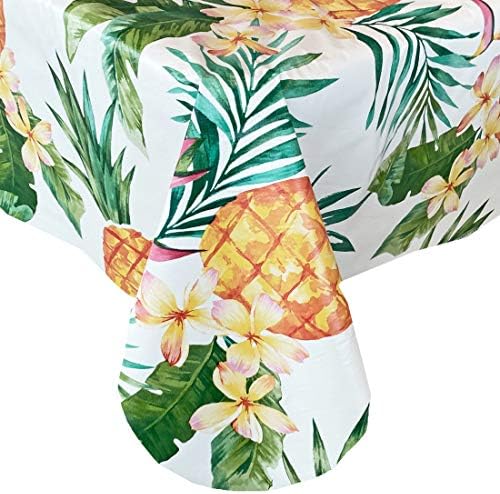 Newbridge Hawaii Tropical Pineapple Print Vinyl Flannel Backed Tablecloth, Shabby Chic Palm and Pineapple Motif Waterproof Patio, BBQ, Indoor Outdoor Tablecloth Tablecloth, 70 Inch Round
