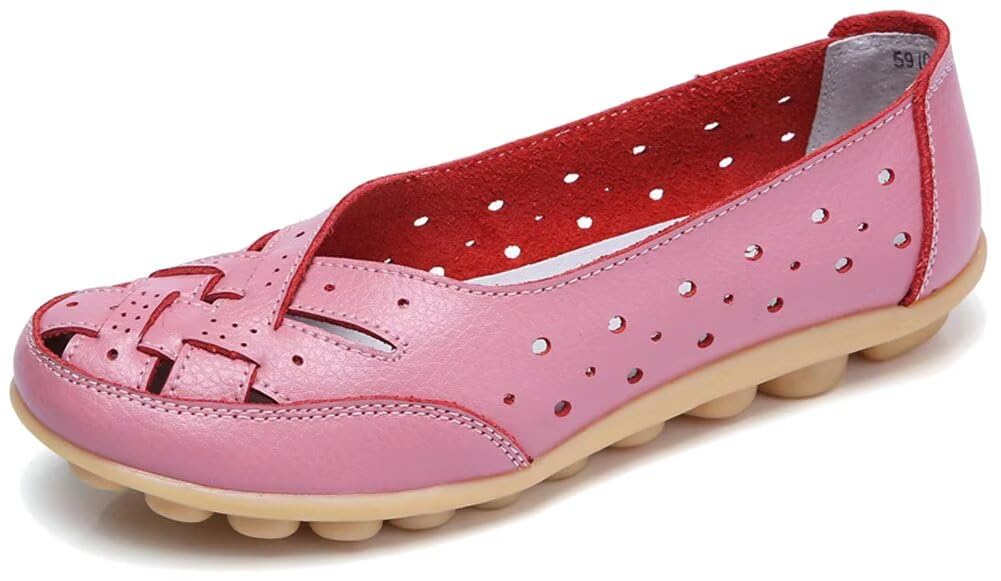 Fangsto Women's Cowhide Leather Shoes Loafers Flats Sandals Slip-On Cutout