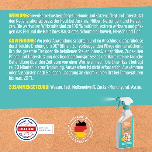 Green Hero Mittel gegen Juckreiz bei Milben 500 ml für Hunde & Katzen | Haustierpflege Spray unterstützt den Regenerationsprozess bei Grasmilben Milben Räude Reizungen Läusen Anti Juckreiz