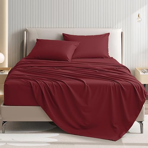 USXIBEI Queen Size 4 Piece Sheet Set - Comfy Breathable & Cooling Bed Sheets Set Soft and Wrinkle Free Deep Pockets Easy & Secure Fit Hotel Luxury Bedding for Women Men - Oeko-Tex - Burgundy